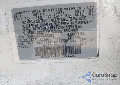 2013 Nissan Versa 1.6 Sv из США, поврежденный, VIN 3N1CN7AP4DL883180